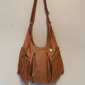 Lucky Brand Leather Hobo Bag with Fringe -Camel Color